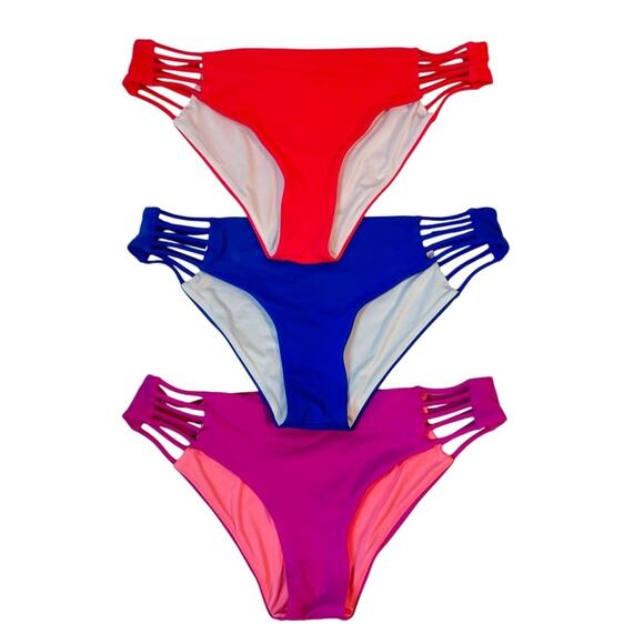 PINK VS Bikini Bottoms Summer Bundle of 3 Red Blue & Fuchsia Pink Hipster Large - Picture 1 of 7